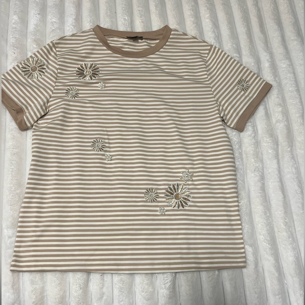 Beige Striped Floral Embroidered T-Shirt